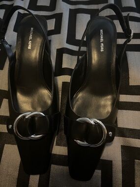 Michael Kors Black Leather Slingback Mules with Silver Ring Accent